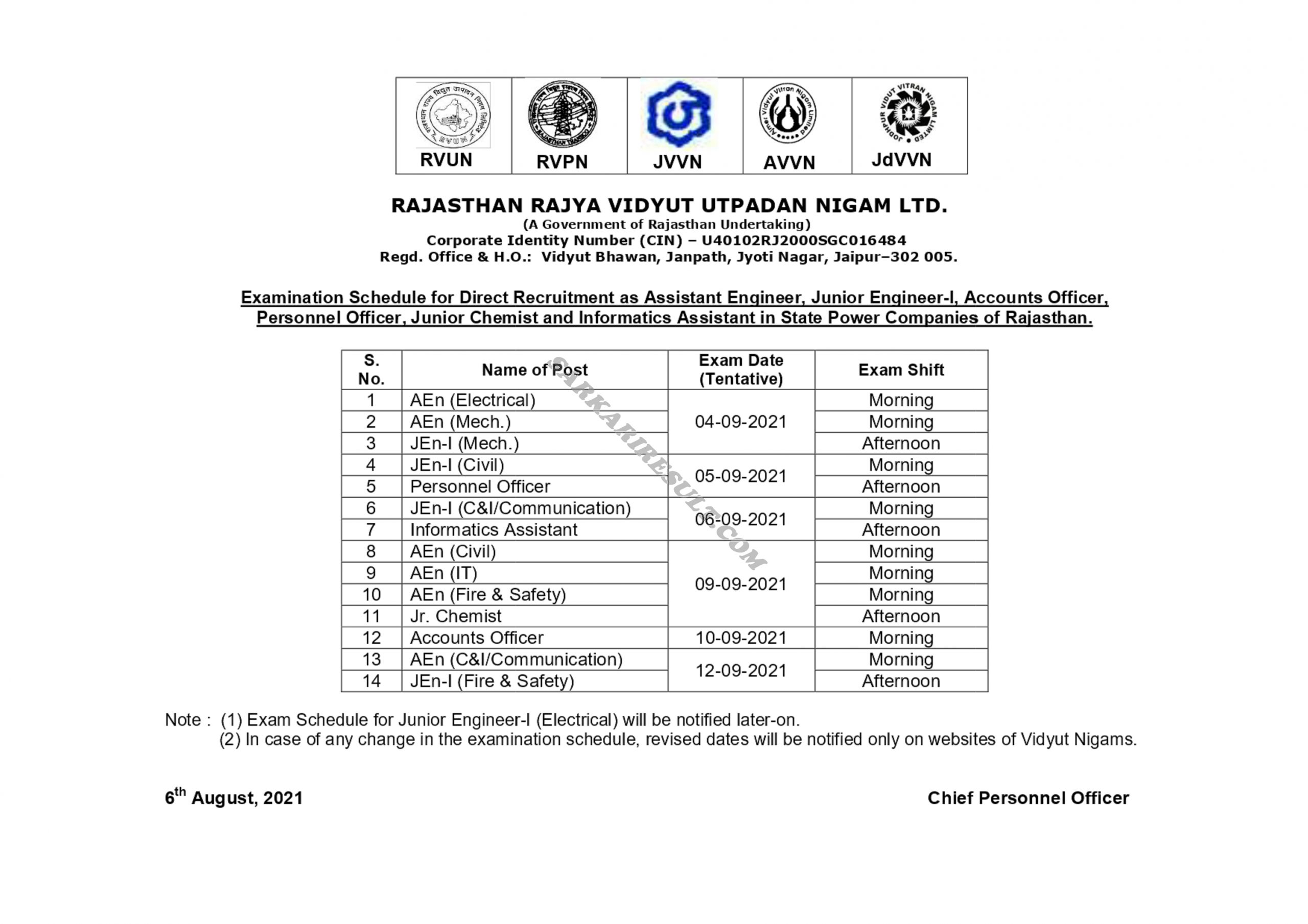 RVUNL AE JE Other Post 2021 Exam Date. 