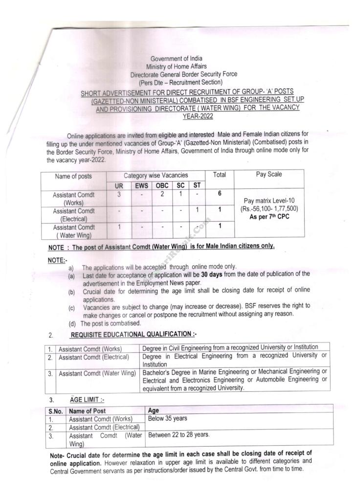 BSF Assistant Commandant Work, Electrical & Water Wing Recruitment 2022 Notification Out_40.1